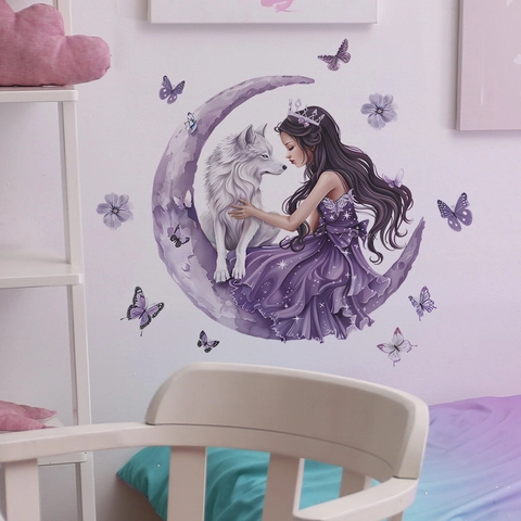Dreamy Girl And White Wolf On Purple Moon Wall Stickers PVC Watercolor Butterfly Floral Decals For Bedroom Living Room Decor