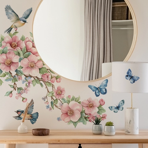Aquarell Rosa Pfirsichblüte Zweig Wandaufkleber Mit Blauen Vögeln Schmetterlingen PVC Abnehmbare Blumen Wandtattoo Für Haus Deko