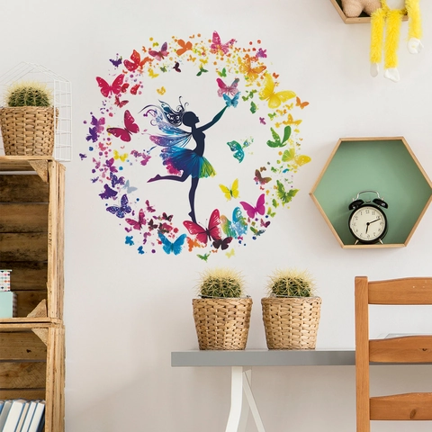 Creative Ballet Dancer Silhouette Butterfly Wreath Wall Sticker PVC Waterproof Self Adhesive Fairy Wall Decals For Home Decor