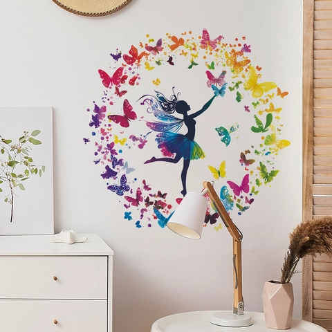 Creative Ballet Dancer Silhouette Butterfly Wreath Wall Sticker PVC Waterproof Self Adhesive Fairy Wall Decals For Home Decor
