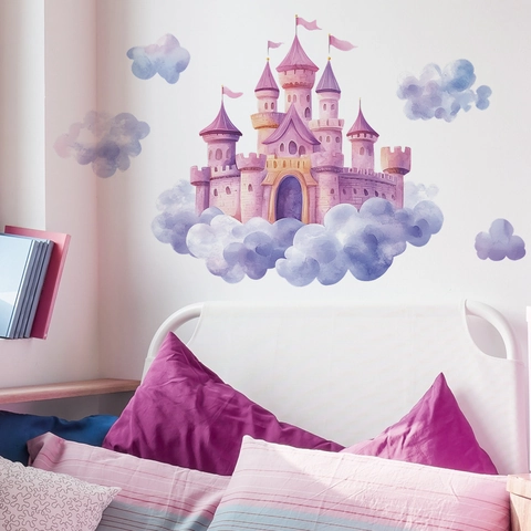 Adesivi Murali Castello Fiaba Acquerello Per Camera Bambini Castello Viola Sognante E Nuvole Decalcomanie PVC Decorazione Casa