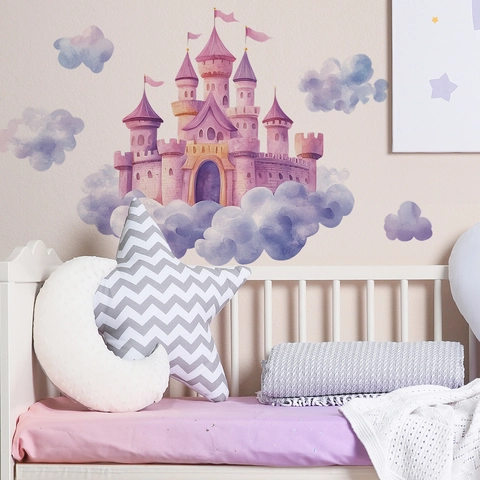 Adesivi Murali Castello Fiaba Acquerello Per Camera Bambini Castello Viola Sognante E Nuvole Decalcomanie PVC Decorazione Casa