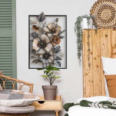 Adesivo da Parete Papavero Con Cornice Simulata 3D PVC Decalcomania Artistica Removibile per Soggiorno Camera da Letto Decorazione