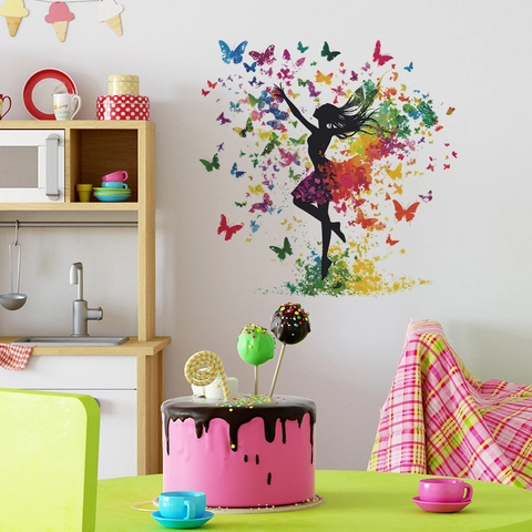 Colorful Butterfly Dancing Girl Silhouette Wall Sticker Creative PVC Art Decal For Bedroom Living Room Home Decoration