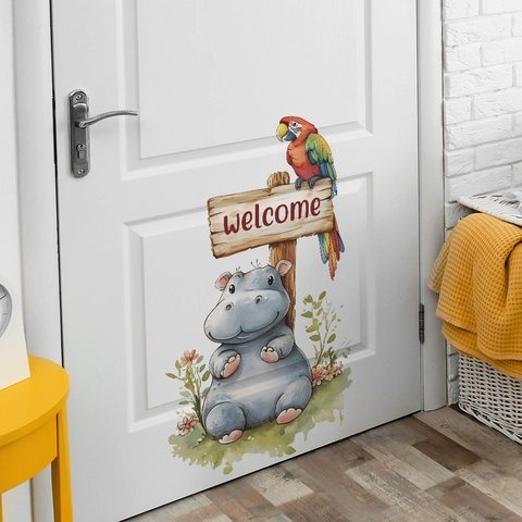 Adesivo da Parete Ippopotamo Pappagallo Benvenuto Acquerello Animale PVC Decalcomania per Cameretta dei Bambini Camera Letto