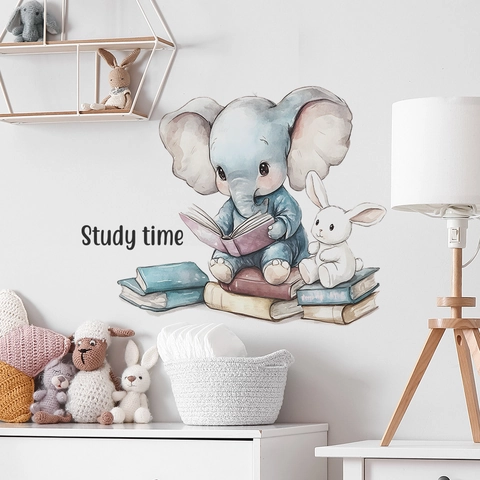 Adesivo Murale a Cartone Animato Elefante e Coniglio Che Leggono Libri in PVC Study Time Decalcomanie Decorative per Cameretta
