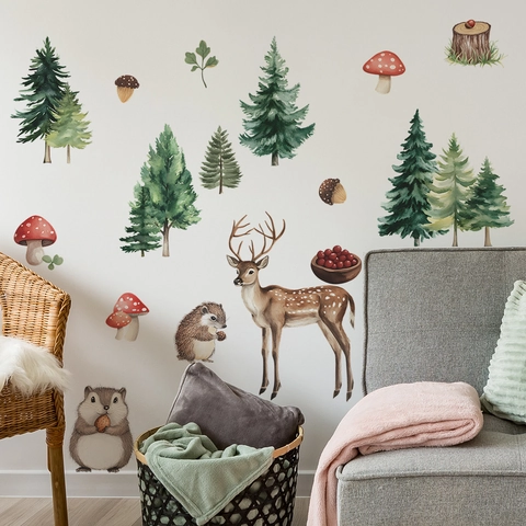 Watercolor Forest Animals Wall Sticker PVC Moose Hedgehog Squirrel Pine Tree Decals For Kids Bedroom Living Room Home Background Decor
