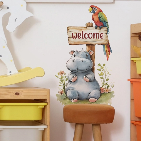 Adesivo da Parete Ippopotamo Pappagallo Benvenuto Acquerello Animale PVC Decalcomania per Cameretta dei Bambini Camera Letto