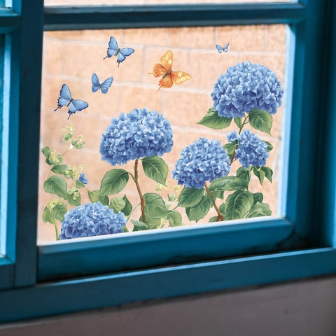 Pegatina de Ventana Hortensia Azul Mariposa Adherencia Estática Calcomanía Vidrio PVC Impermeable Removible Decoración Hogar Sala de Estar Dormitorio