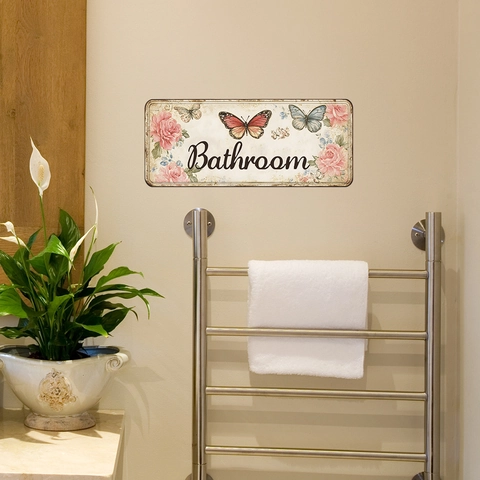 Vintage Butterfly Rose Floral Bathroom Slogan Wall Sticker Waterproof PVC Wall Decal For Home Decor Restroom Restroom Sign