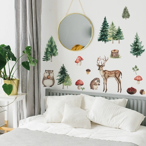 Watercolor Forest Animals Wall Sticker PVC Moose Hedgehog Squirrel Pine Tree Decals For Kids Bedroom Living Room Home Background Decor