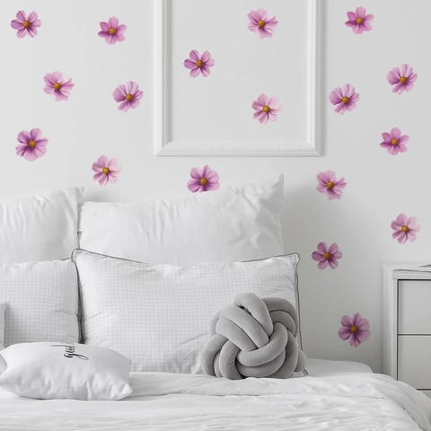 Realistic Pink Purple Cosmos Flower Wall Stickers PVC Waterproof Removable Floral Decals For Bedroom Living Room Wardrobe Closet Decor