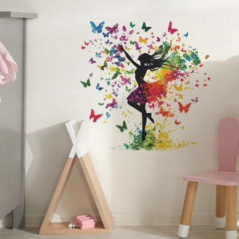 Colorful Butterfly Dancing Girl Silhouette Wall Sticker Creative PVC Art Decal For Bedroom Living Room Home Decoration