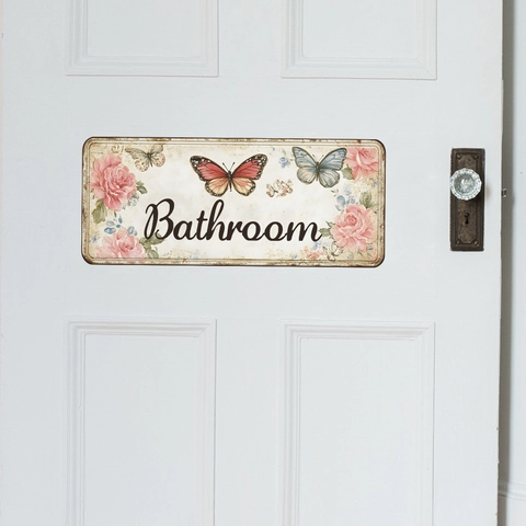 Vintage Butterfly Rose Floral Bathroom Slogan Wall Sticker Waterproof PVC Wall Decal For Home Decor Restroom Restroom Sign