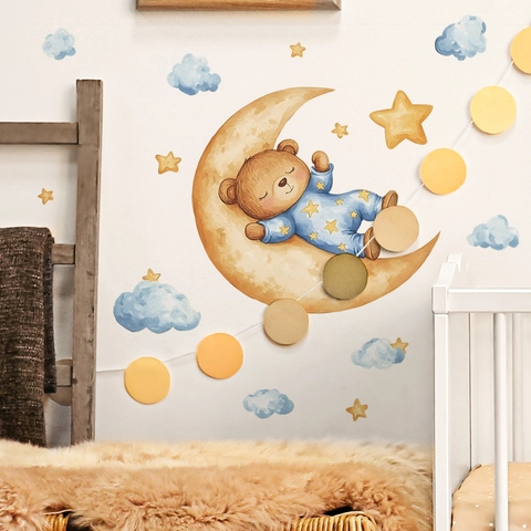 Cartoon Watercolor Sleeping Bear On Moon Wall Sticker PVC Removable Moon Stars Clouds Decal For Nursery Kids Room Bedroom Decoration