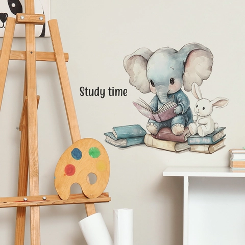 Adesivo Murale a Cartone Animato Elefante e Coniglio Che Leggono Libri in PVC Study Time Decalcomanie Decorative per Cameretta
