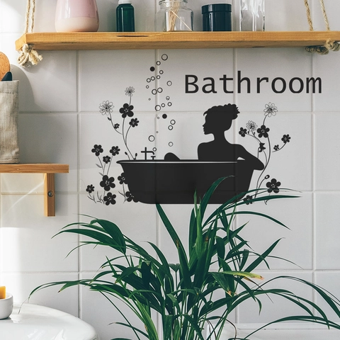 Creative Bathroom Decoration Wall Sticker Black Silhouette Woman In Bathtub Floral Pattern PVC Waterproof Self Adhesive Mural