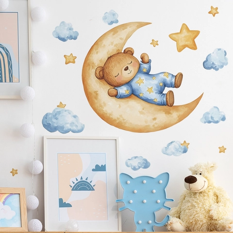 Cartoon Watercolor Sleeping Bear On Moon Wall Sticker PVC Removable Moon Stars Clouds Decal For Nursery Kids Room Bedroom Decoration
