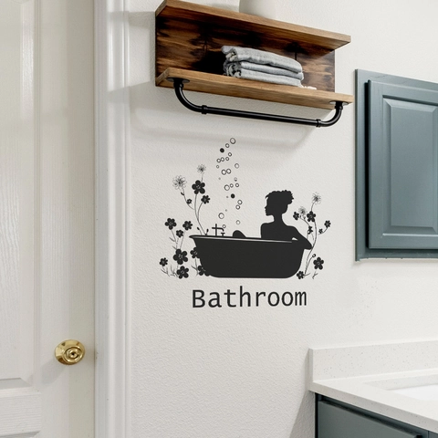 Creative Bathroom Decoration Wall Sticker Black Silhouette Woman In Bathtub Floral Pattern PVC Waterproof Self Adhesive Mural