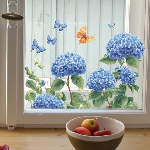 Pegatina de Ventana Hortensia Azul Mariposa Adherencia Estática Calcomanía Vidrio PVC Impermeable Removible Decoración Hogar Sala de Estar Dormitorio