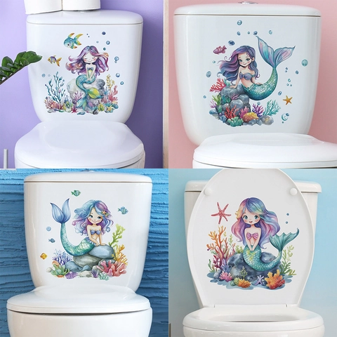 Cartoon Mermaid Toilet Sticker Waterproof PVC Decal For Bathroom Home Decor Watercolor Ocean Theme Coral Seaweed Mural