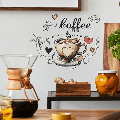 Coffee Cup Heart Wall Stickers Modern PVC Decorative Letter Decals For Cafe Kitchen Living Room Removable DIY Wall Art