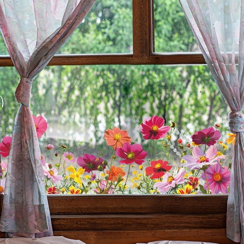 Kreative Bunte Kosmos Blume Fensteraufkleber PVC UV Gedruckt Dekorationsfolie Für Glas Balkon Haus Wohnzimmer Wandtattoo