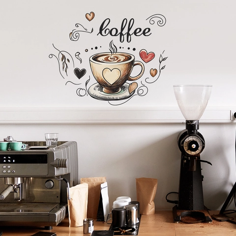 Coffee Cup Heart Wall Stickers Modern PVC Decorative Letter Decals For Cafe Kitchen Living Room Removable DIY Wall Art