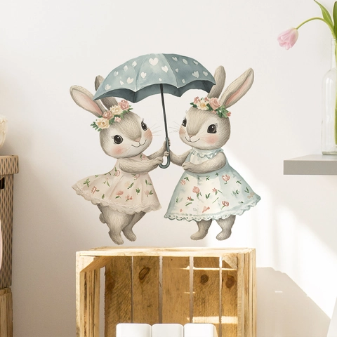 Cartoon Rabbit Holding Umbrella Wall Sticker Nordic Watercolor Floral Heart Pattern PVC Decorative Decal for Kids Room Nursery Decor