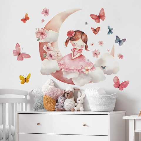 Adesivo da Parete Cartoon Ragazza Luna Farfalla PVC Acquerello Floreale Decalcomania Decorativa per Cameretta Bambini Camera da Letto