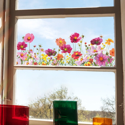 Kreative Bunte Kosmos Blume Fensteraufkleber PVC UV Gedruckt Dekorationsfolie Für Glas Balkon Haus Wohnzimmer Wandtattoo
