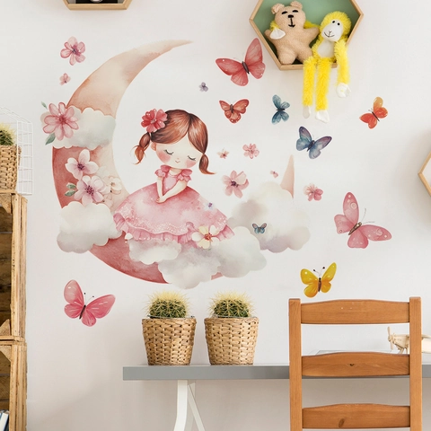 Adesivo da Parete Cartoon Ragazza Luna Farfalla PVC Acquerello Floreale Decalcomania Decorativa per Cameretta Bambini Camera da Letto