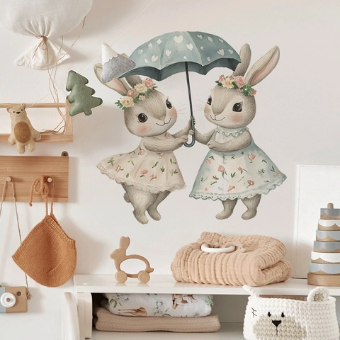 Cartoon Rabbit Holding Umbrella Wall Sticker Nordic Watercolor Floral Heart Pattern PVC Decorative Decal for Kids Room Nursery Decor
