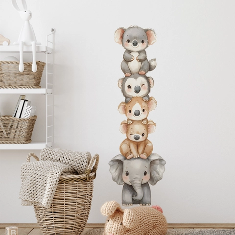 Watercolor Cartoon Elephant Koala Stacking Animal Wall Sticker Removable PVC Decal For Nursery Kids Bedroom Home Decor