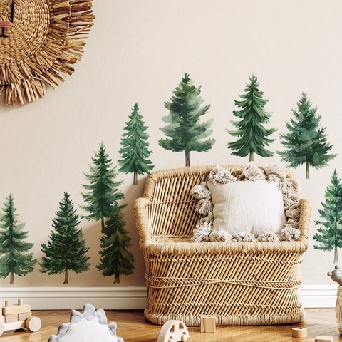 Adesivi Murali Foresta di Pini ad Acquerello PVC Decalcomanie da Muro Natura per Cameretta Camera da Letto Soggiorno Casa