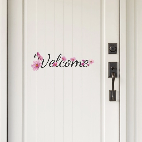 Adesivo per Porta con Scritta Welcome e Fiori in PVC Rosa Cosmea Decalcomania da Muro per Camera da Letto Studio Decorazione