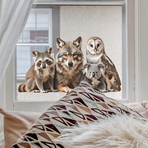 Realistische Tier Fensterbilder Statisch Haftend Glas Aufkleber Waschbär Wolf Koala Eule PVC Abnehmbar Dekorative Wohnkultur Folie