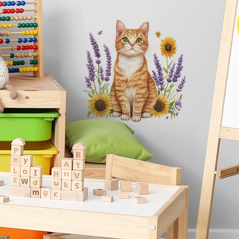 Adhesivo de Pared de PVC Gato Naranja Girasol Lavanda Dibujos Animados Calcomanía Decorativa Estilo Pastoral para Dormitorio Sala