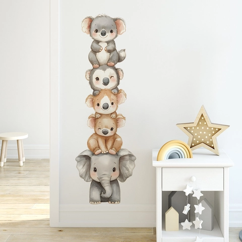 Watercolor Cartoon Elephant Koala Stacking Animal Wall Sticker Removable PVC Decal For Nursery Kids Bedroom Home Decor