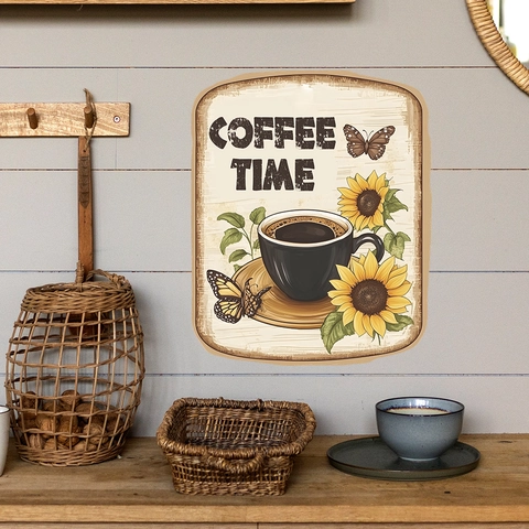Vintage Coffee Time Sunflower Wall Sticker PVC Waterproof Butterfly Pattern Wall Decal For Kitchen Cafe Home Decor