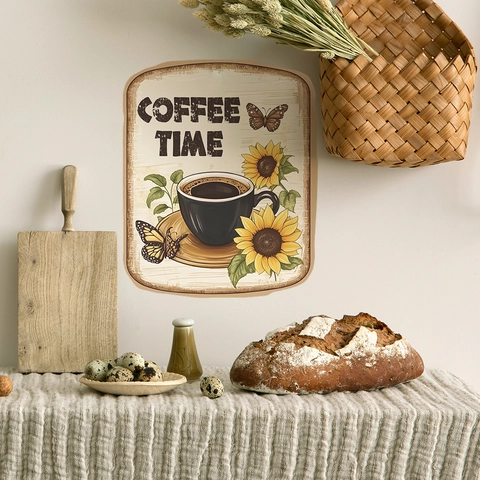 Vintage Coffee Time Sunflower Wall Sticker PVC Waterproof Butterfly Pattern Wall Decal For Kitchen Cafe Home Decor