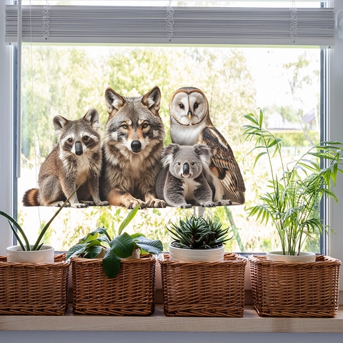 Realistische Tier Fensterbilder Statisch Haftend Glas Aufkleber Waschbär Wolf Koala Eule PVC Abnehmbar Dekorative Wohnkultur Folie