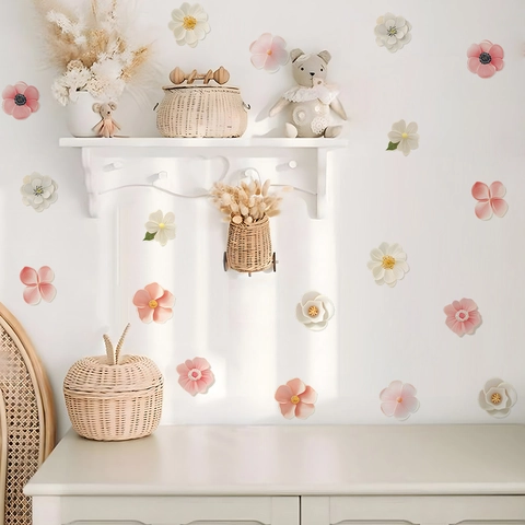 Floral Wall Stickers DIY Pink White Flower 3D Effect PVC Decals For Bedroom Living Room Nursery Home Wall Art Decor