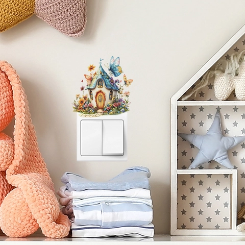 Adesivo da Parete per Interruttore della Luce a Forma di Casa con Fiori e Farfalle in PVC Decorazione Domestica