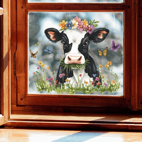 Cow Flower Butterfly Static Cling Window Sticker Pastoral PVC Glass Decal For Home Living Room Bedroom Decoration