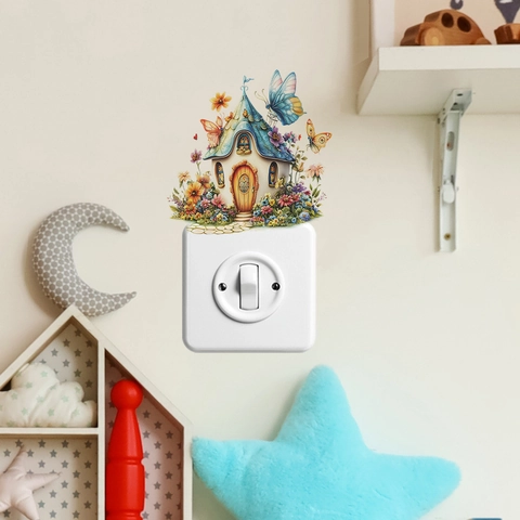Adesivo da Parete per Interruttore della Luce a Forma di Casa con Fiori e Farfalle in PVC Decorazione Domestica
