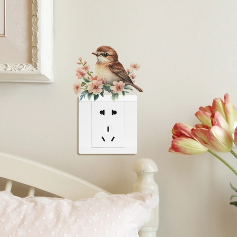 Adesivo per Interruttore con Uccello e Fiori ad Acquerello PVC Impermeabile Sakura Decalcomania per Camera da Letto Casa