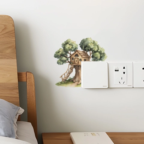Creatieve Aquarel Boomhut Schakelpaneel Decoratieve Muursticker PVC Gezellige Hut Sticker Voor Slaapkamer Woonkamer Huis Decoratie