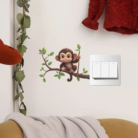 Adesivo da Parete Scimmia Cartone Animato Ramo Foglia Adesivo per Interruttore Luce per Camera dei Bambini Soggiorno PVC Decor