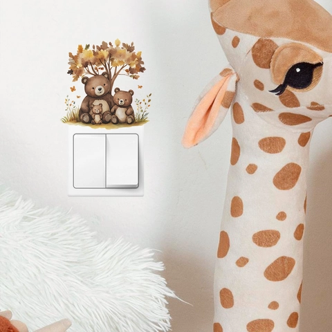 Cartoon Bear Family Autumn Tree Wall Sticker PVC Waterproof Self-Adhesive Home Decor Switch Sticker For Kids Room Bedroom